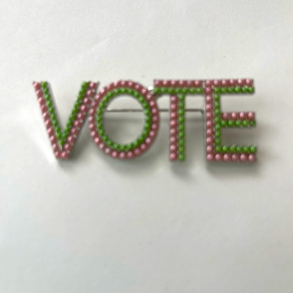 “Vote” Pin Brooch Pink and Green
